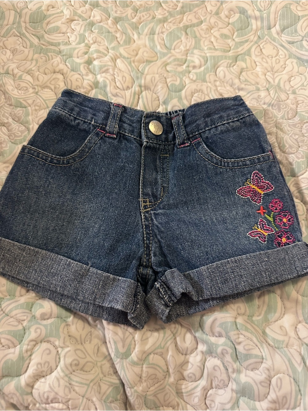 Vintage Faded Glory Blue Denim Girls Shorts with Pink & Purple Butterfly Embrod